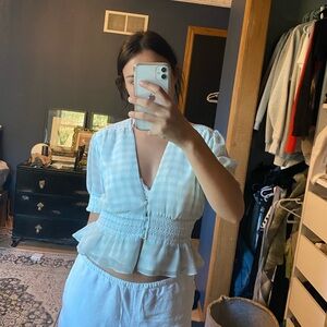 WAYF Baby Blue Gingham Puff Sleep Crop Top